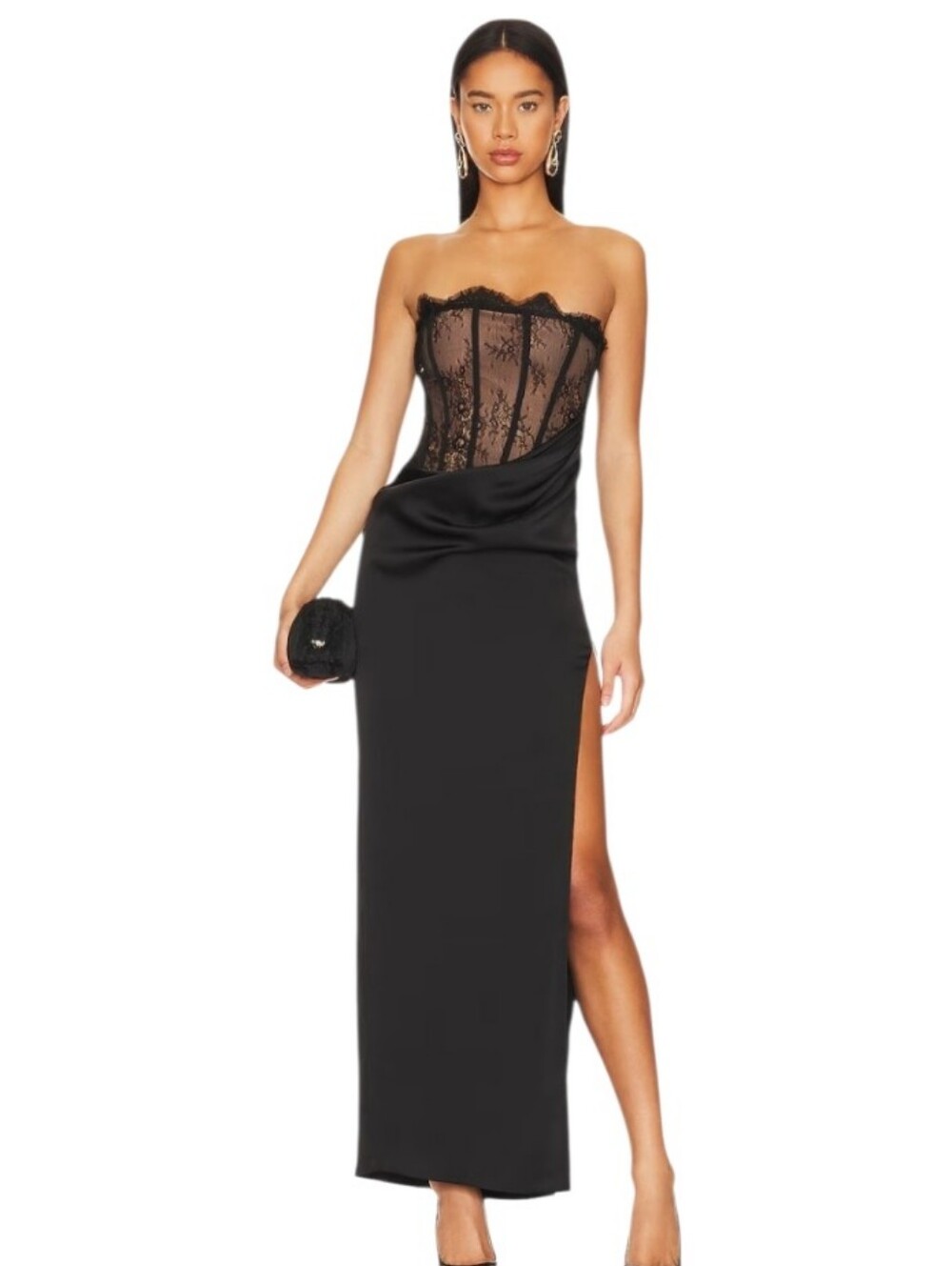 NBD Nalani Black Lace-Panel Strapless Maxi Dress with High Thigh Slit